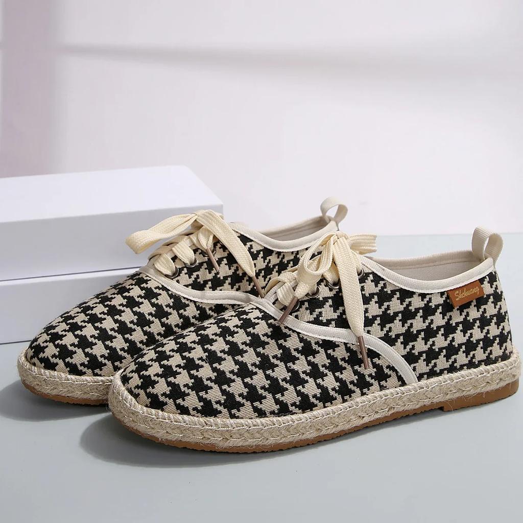 Fashion Breathable Linen Casual Flat Shoes Woman Espadrilles Loafers Ladies Comfy Houndstooth Print Canvas Zapatos Soft Driving Footwear