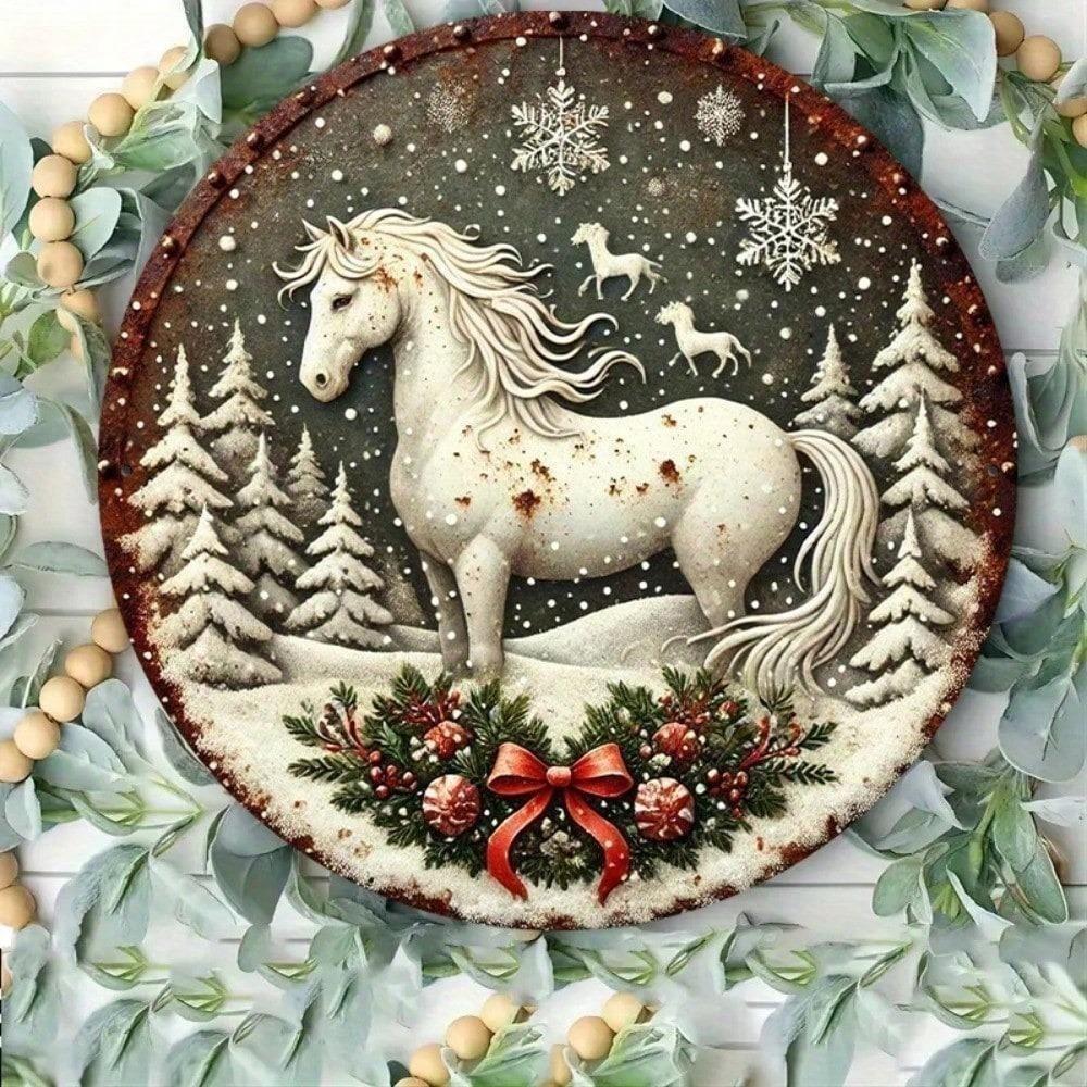 Vintage White Horse Metal Round Sign Christmas Wreath Wall Art Farmhouse Home Office Decor