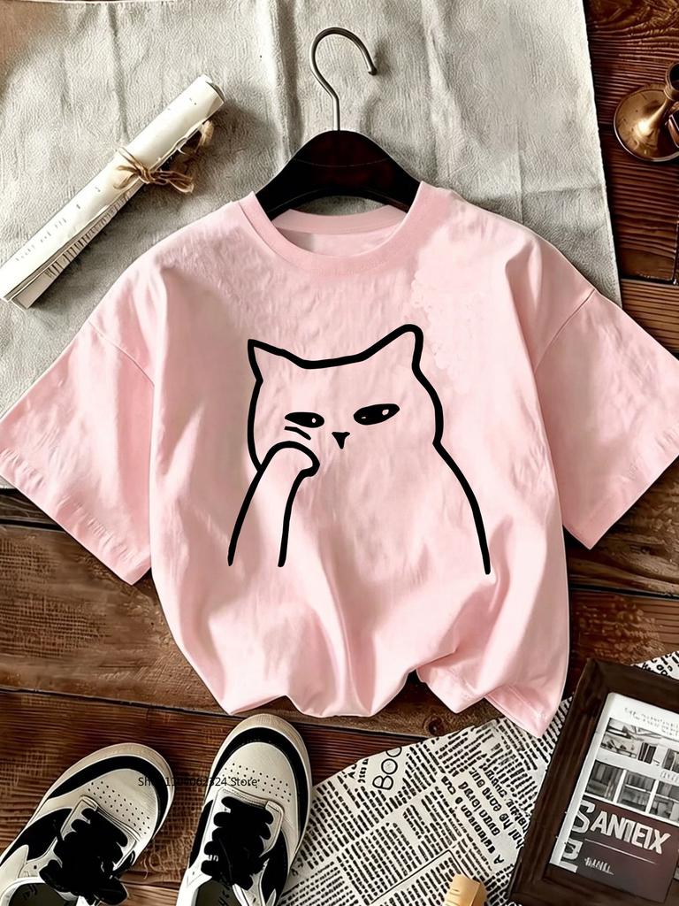 TXCartoon Trendy Kawaii Cat Print T-shirt Women's Summer Round Neck Cute Cat Y2K Graphic Tee Summer Casual Woman Clothing