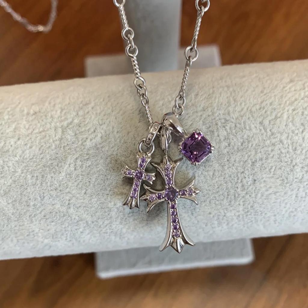 Gold-Plated S925 Sterling Silver Double Cross Necklace with Blue Diamond Accent - Unisex Hip Hop Pendant