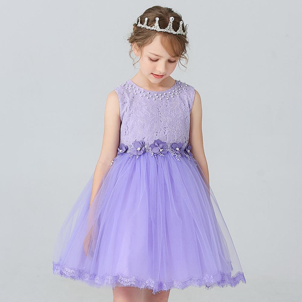 Girls' White Lace Mesh Princess Dress Sleeveless Round Neck Beaded Flower Girl Skirt Children's Wedding Bridesmaid Birthday Party Performance Dress