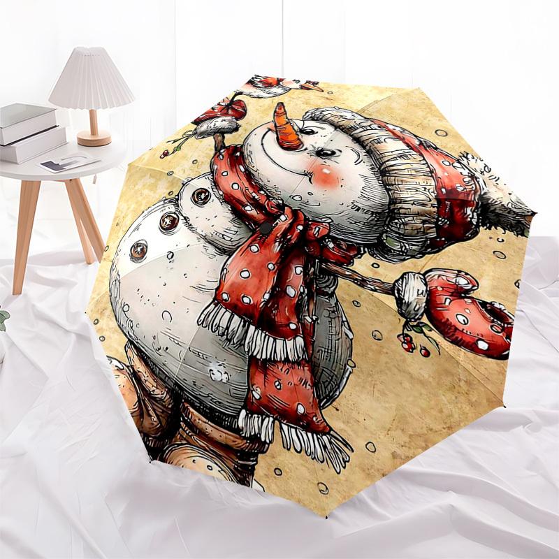 1pc Snowman & Bird Design Automatic Folding Umbrella, Portable 3-Fold Design with Iron Frame, Perfect for Outdoor Use, Festive Gifts, Travel, Daily Us
