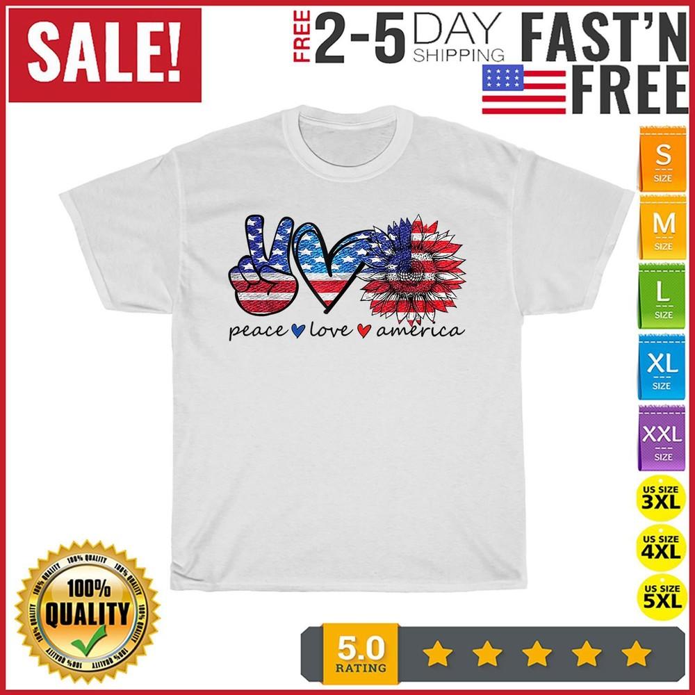 Peace Love America Flag Sunflower 4th Of July Memorial Day T Shirt Men Women NEW