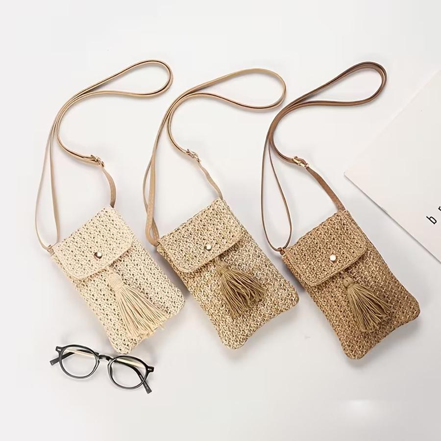 Straw Beach Bag Women Holiday Mobile Phe Shouder Bag Summer Tassel Mini Crossbody Bag for Lady Gril Travel Bohemian Style Sac