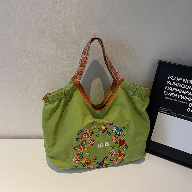 Grote Capaciteit Pendelaar Geborduurde Canvas Tote Bag Dames Nieuwe Enkele Schouder Tas Casual Bloemenpatroon groen