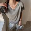 Spring/Summer Korean-style Gray V-neck Bat Fly-sleeve Short-sleeve T-shirt, Women's T-shirt, Slim-fit Solid Color Top