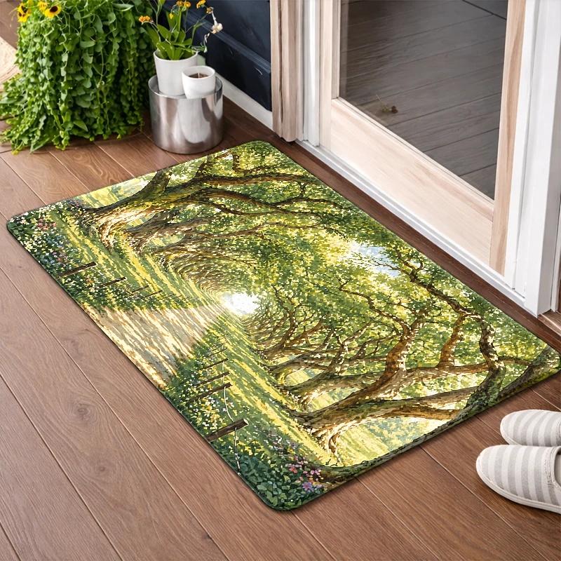 Sunlit Forest Path Doormat Enchanted Woodland Scene Print Large Decorative Mat for Entryway & Serene Home