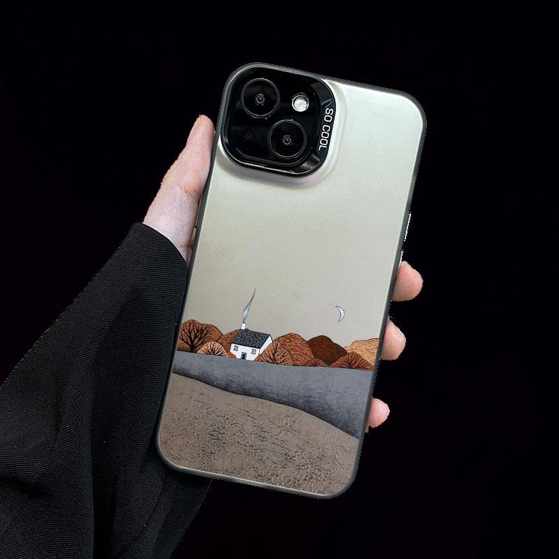 Mountain Landscape Cottage Minimalist Style Painting Phone Case For IPhone 16 15 Plus 16 15 14 13 12 11 Pro Max Mini Laser Cover