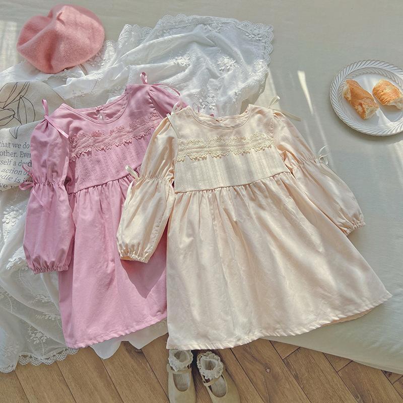 Spring Girls Princess Dress Long Sleeve Round Neck Lace Bow Puff Sleeve Cute Kids Party Dress Fashionable Children Clothing