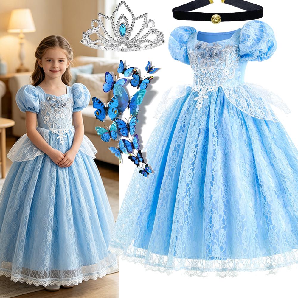Girls New Year Blue Long Dress for Kids Christmas Birthday Party Dresses Butterfly Cinderella Cosplay Costumes Chidren Outfits