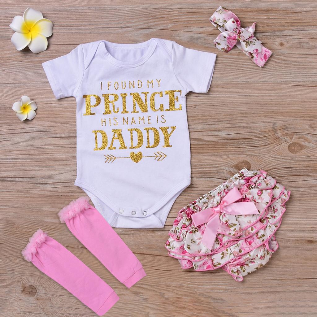Girls Bronzing Letter Short-sleeved Top + Floral Pants + Foot Cover + Headgear Set (4-piece Set)