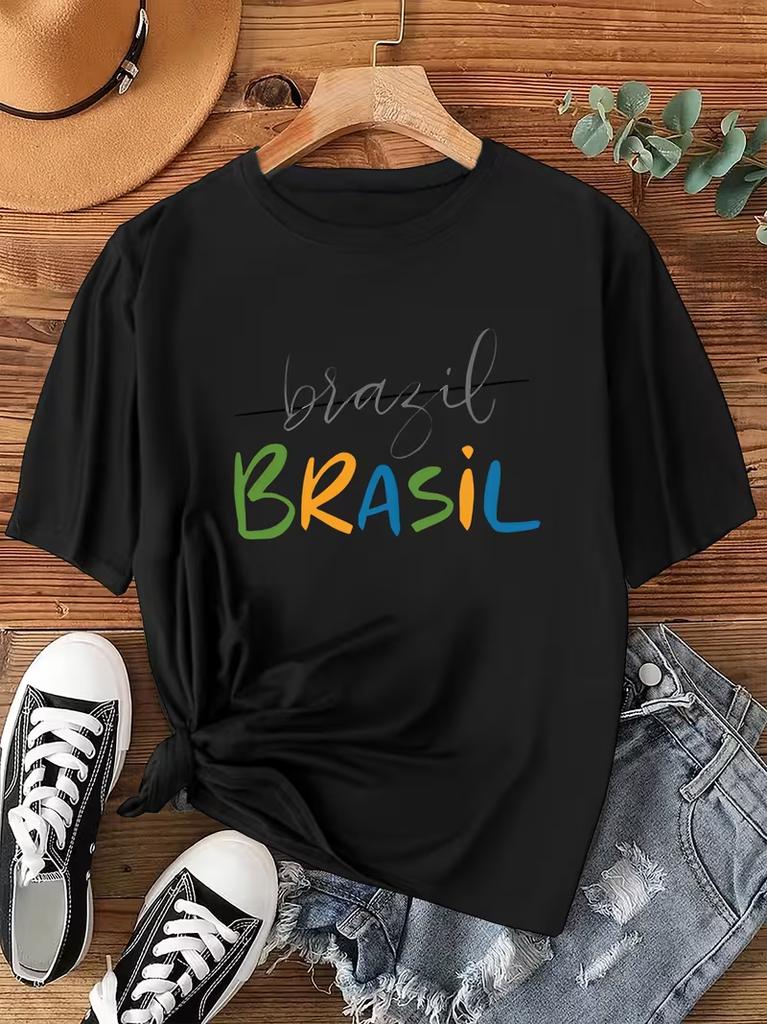 Colorful Brasil Letter Print T Shirt Unisex Unisex Casual Loose Streetwear Daily Wear Durable All Seasons Leisure Tops Ladys Tops