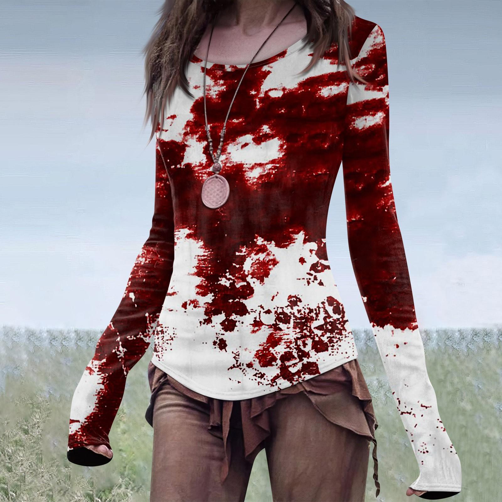 

Женская мода повседневный Mori Slim с длинным рукавом Хэллоуин принтованный круглый вырез обычный топ L винный