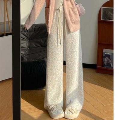 Diandian Rainbow Plus Fleece Glutinous Rice Pants for Women In Autumn and Winter New Soft Glutinous Slim Slim Knitted Narrow Wide Leg Pants