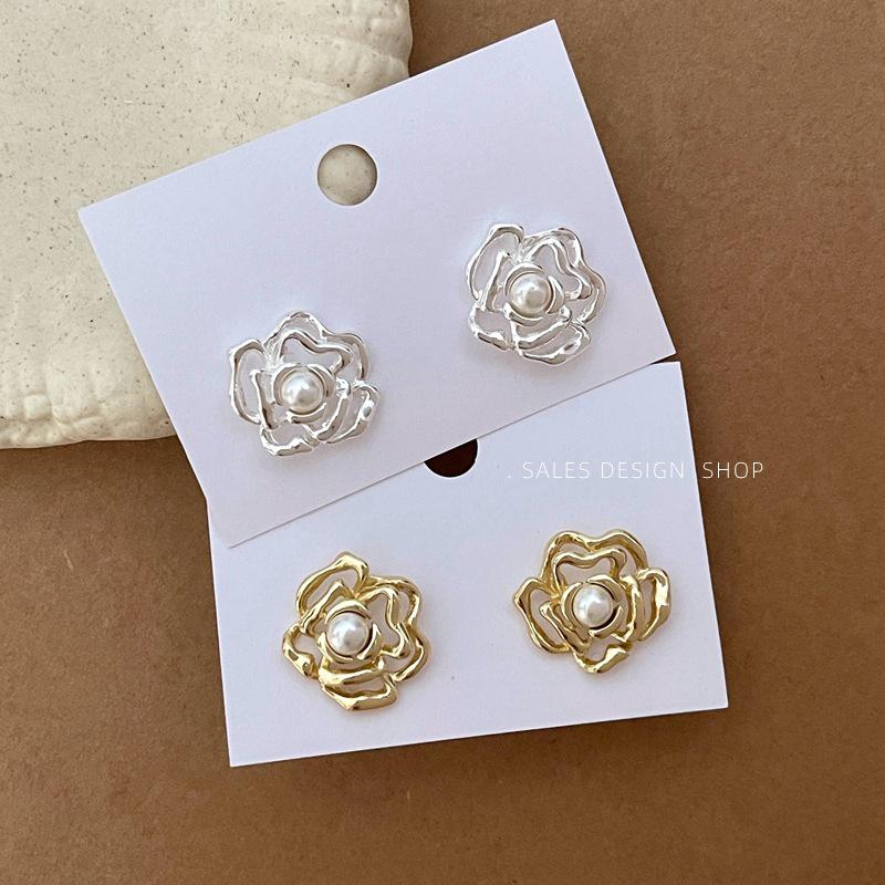 Pearl Hollow Camellia Stud Earrings: Unique, Elegant, Light Luxury Jewelry for Women