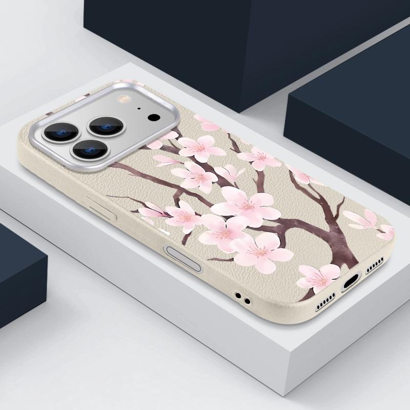 Hand-drawn Style Sakura Pattern Case For iPhone 17 Pro Max Leather Texture Soft Silicone Cover For iPhone 16 15 14 13 Pro 12 11 16E Air
