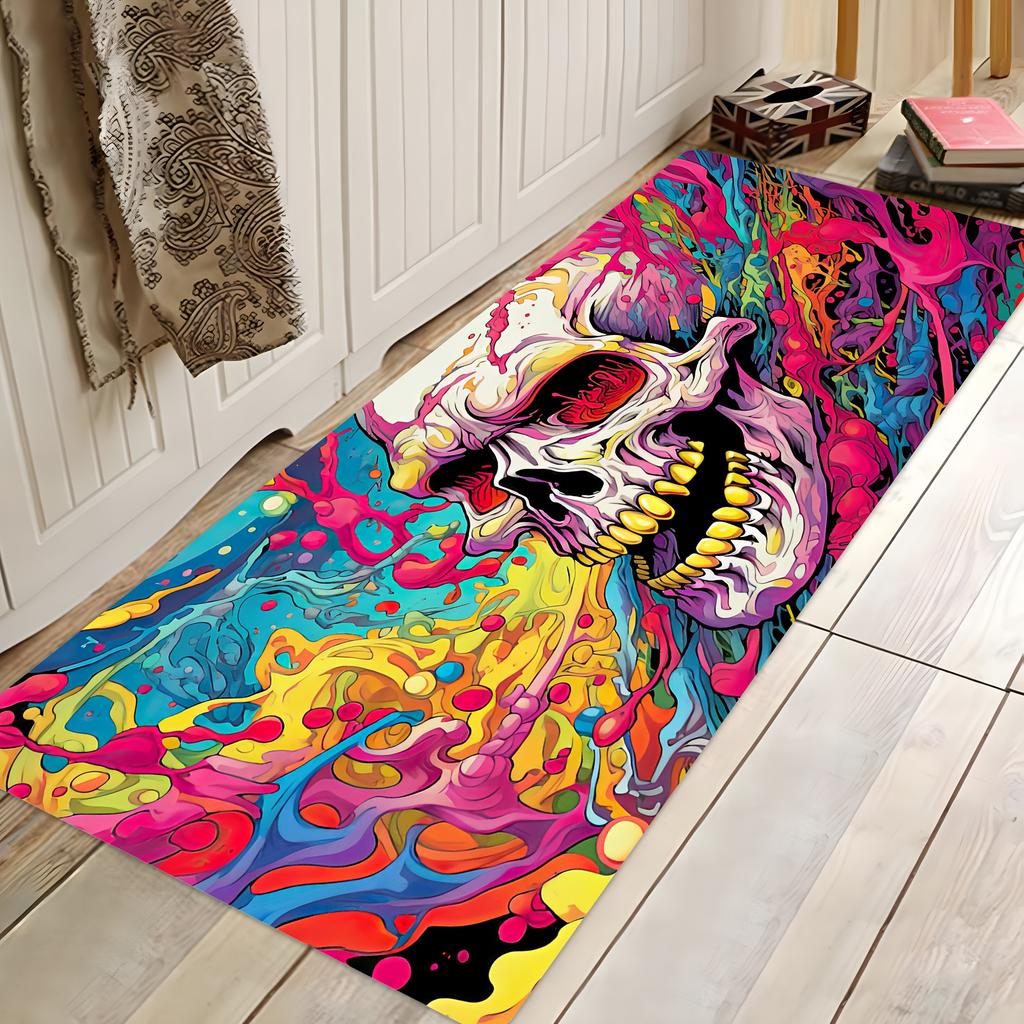 1pc Colorful Gothic Skull Non-Slip Rug, Machine Washable Floor Mat for Dining Room Kitchen Hallway Laundry Room Home Decor