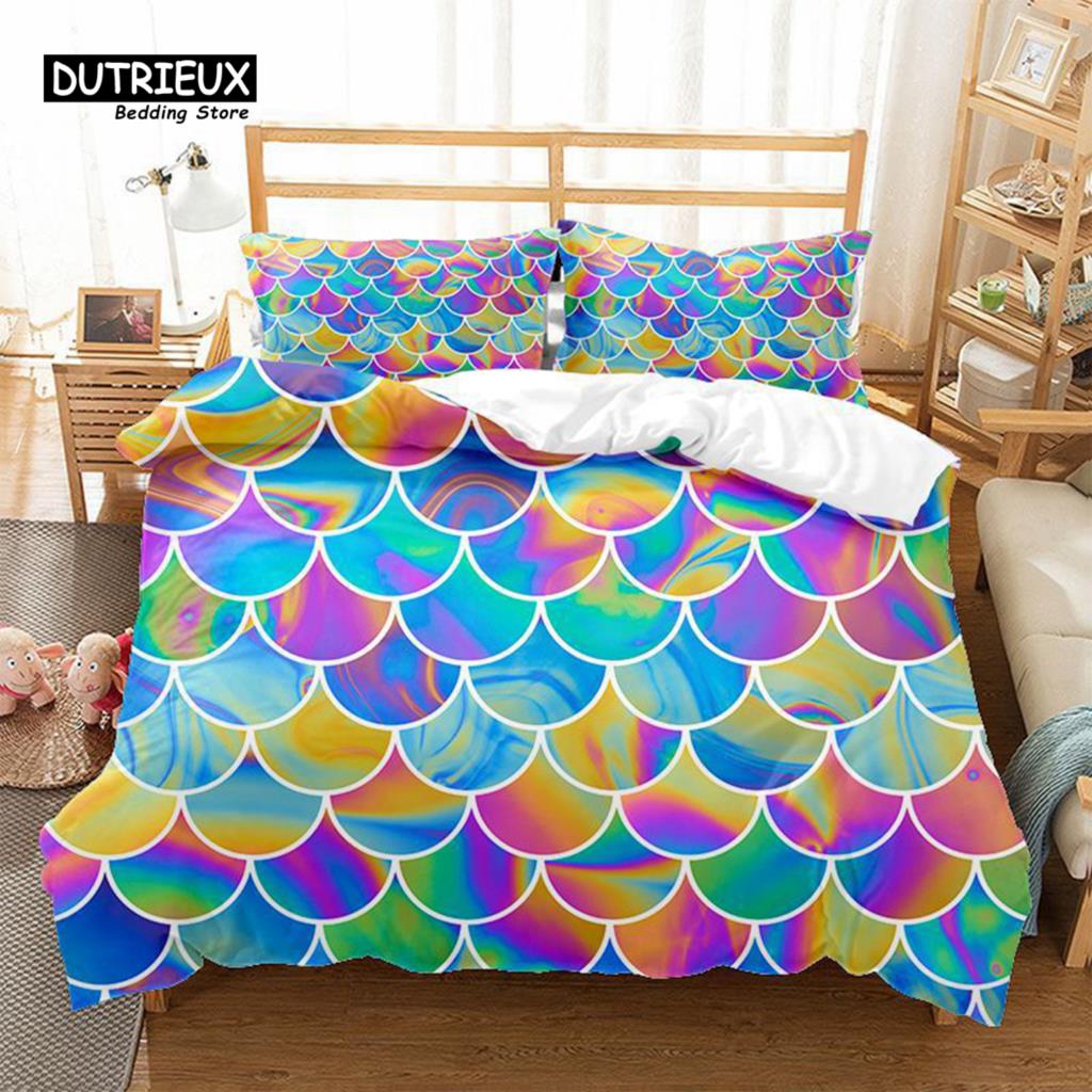 Mermaid Fish Scales Duvet Cover Magical Colorful Seamless Pattern With Fish Scale Net Print Bedding Set Microfiber Quilt Cover
