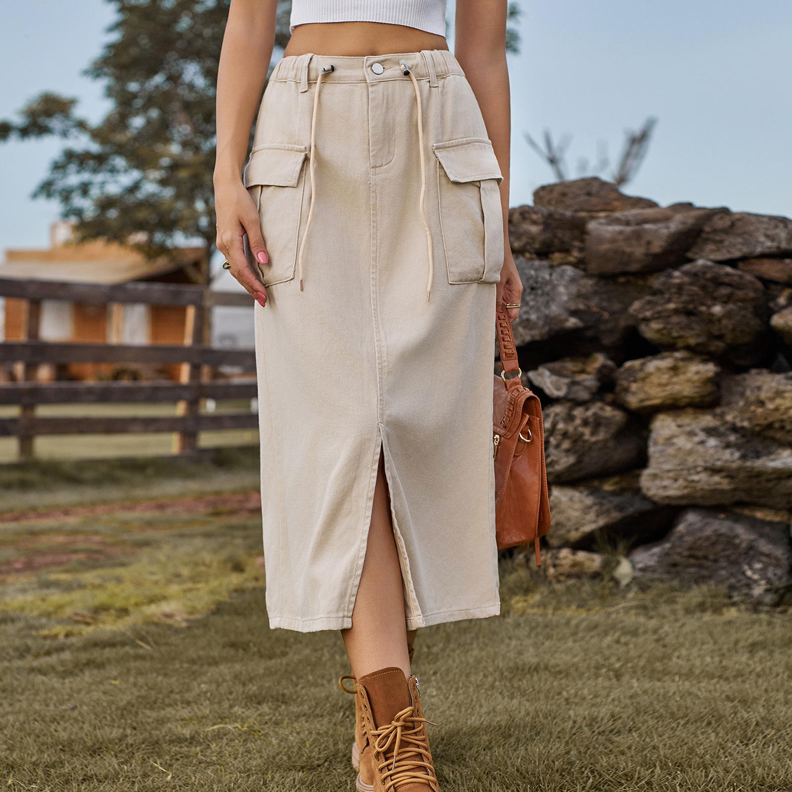 

Повседневная тонкая джинсовая юбка-карго со шнуровкой и разрезом