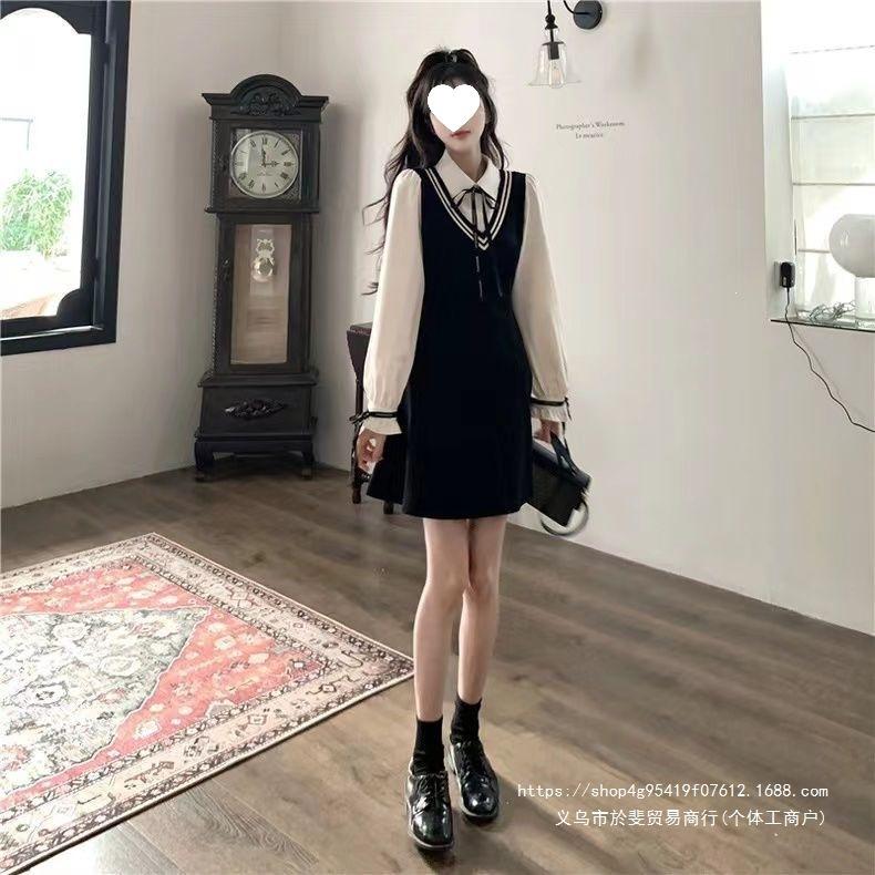Autumn college style long-sleeved dress splicing contrasting color fake two pieces showing thin age-reducing collar skirt women