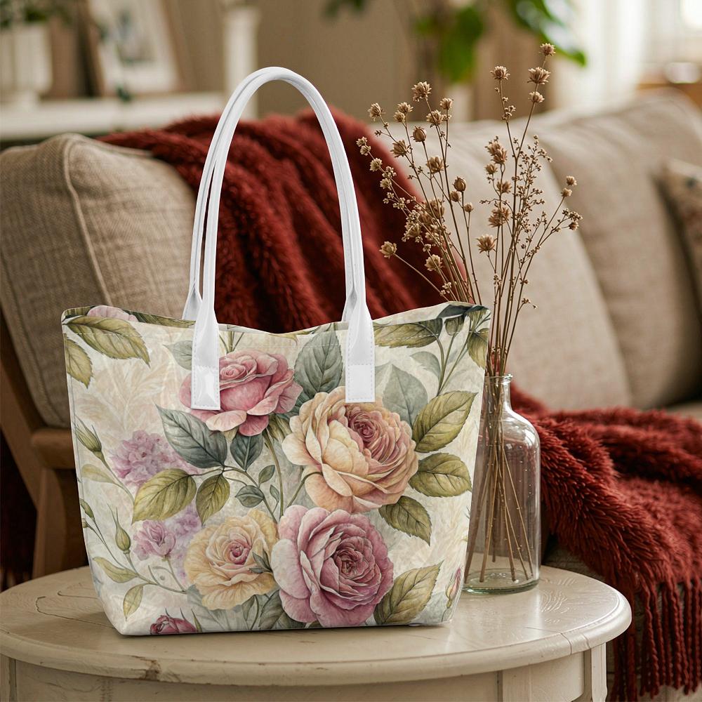 Vintage Rose Print Tote Bag Ladies Casual Large Capacity Fashion Shoulder Handbag for Daily Use