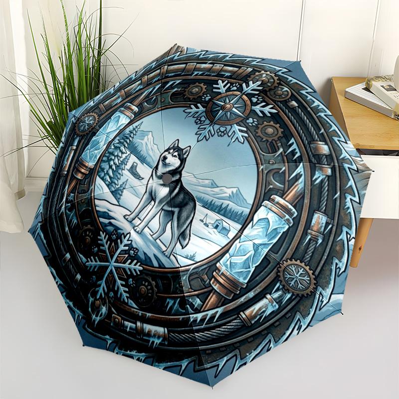 Winter Wolf Portal pattern umbrella, portable and foldable design, 8 ribs, a casual accessory for Halloween, Christmas, and birthday gifts.