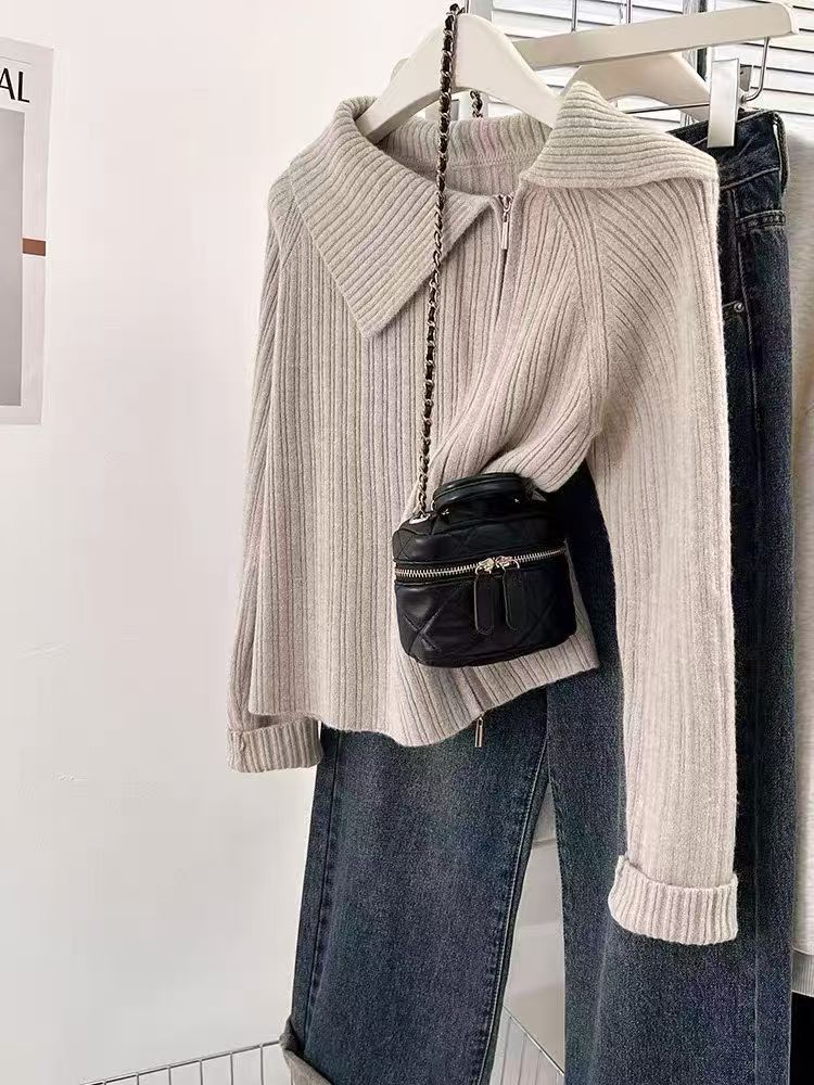 apricot lapel double zipper knitted cardigan women's spring and autumn design sense niche temperament high-end sweater jacket top