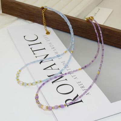 Collar de Perlas de Agua Dulce y Cristales de Aguamarina y Amatista Primavera/Verano - Perfecto para Estudiantes y Mejores Amigos
