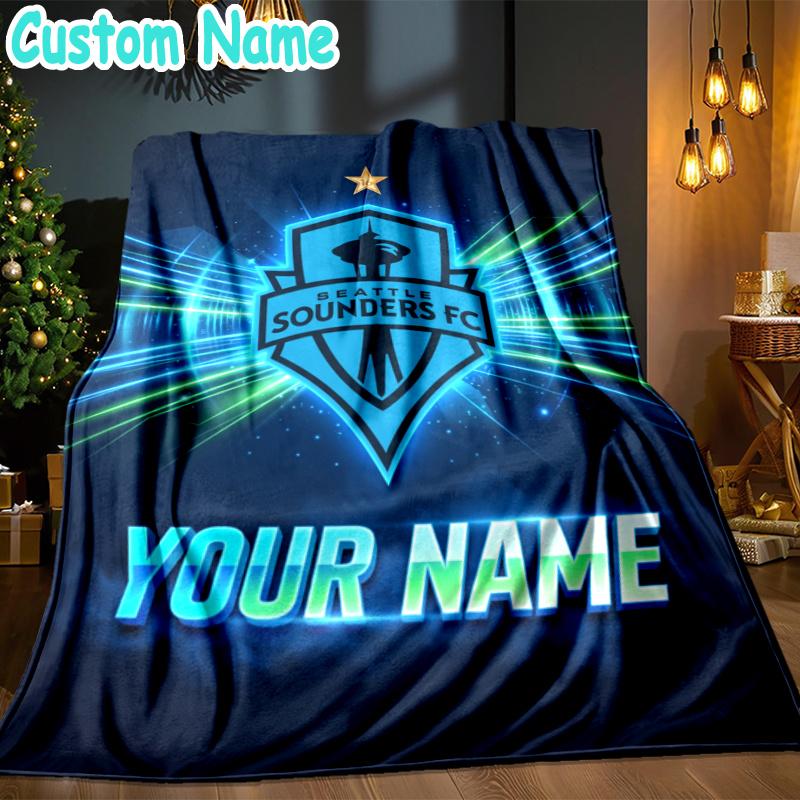 Custom Name Seattle Sounders Fc Crest Throw Blanket - Perfect for Couch, Bed, Office, and outdoor Travel - Ideal Gift for Christmas & Holidays