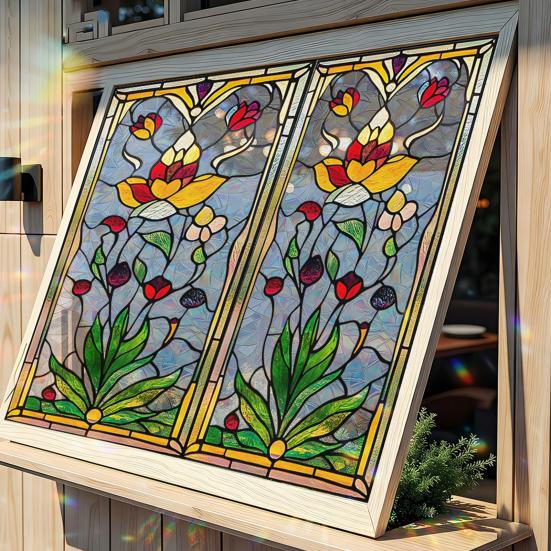 Vintage Window Privacy Film Geometric Stained Glass Flower Decorative Frosted Static Cling Reusable UV Sun Blocking Glass Sticker