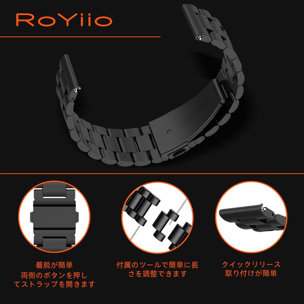 20mm Replacement Watch Stainless Beautifully Polished Stainless Steel Unisex Black [RoYiio] Band, Steel, Band, -