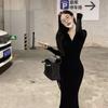 Vintage Black Bodycon Dress Retro Evening Party Elegant Wrap Long Sleeve Dresses for Women Autumn Fall V-neck Polo
