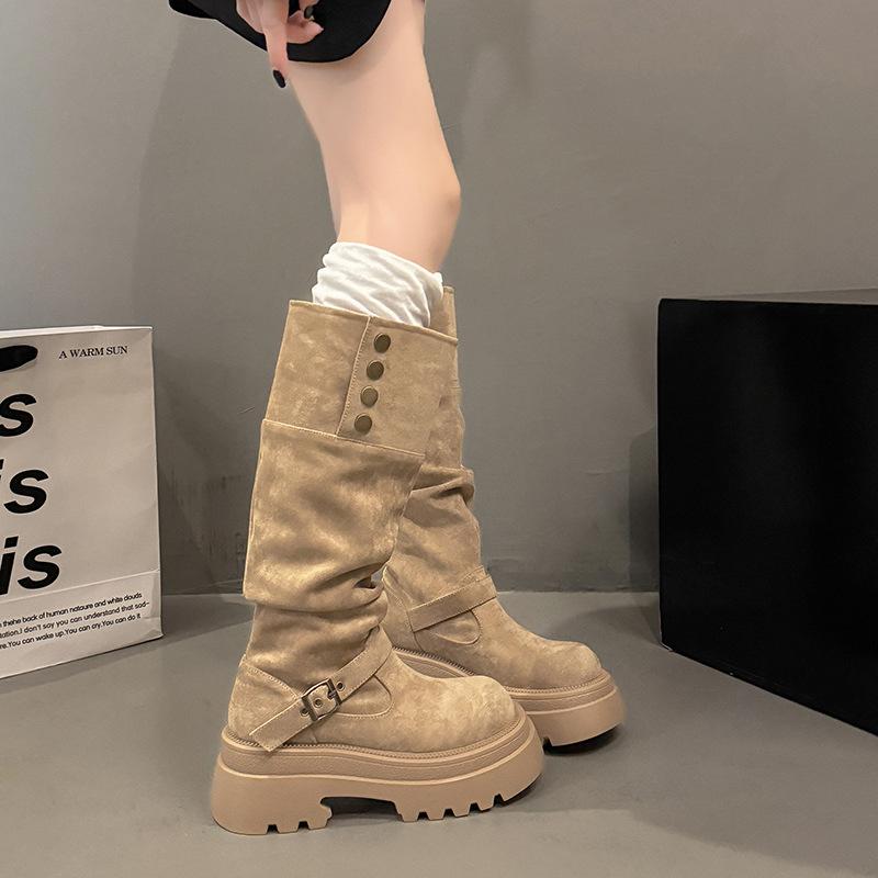 Två knähöga stövlar för barn 2025 ny höst retro mångsidiga, tunna och höjande tjockbottnade västerländska riddarstövlar för kvinnor