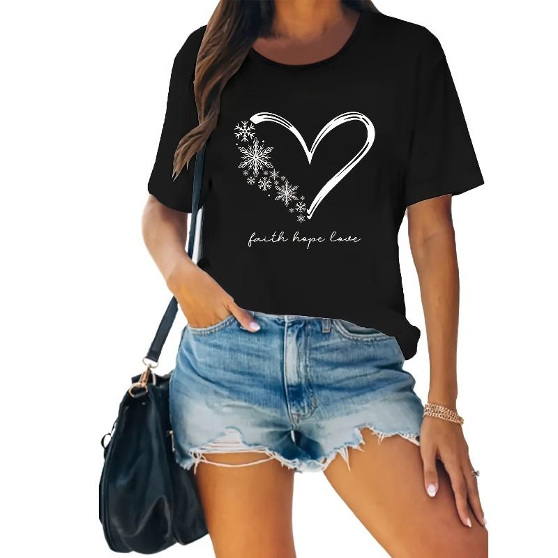 Faith Hope Love Snowflake Print Tee Ultra Soft Loose Fit Breathable Casual Everyday Top S чёрный