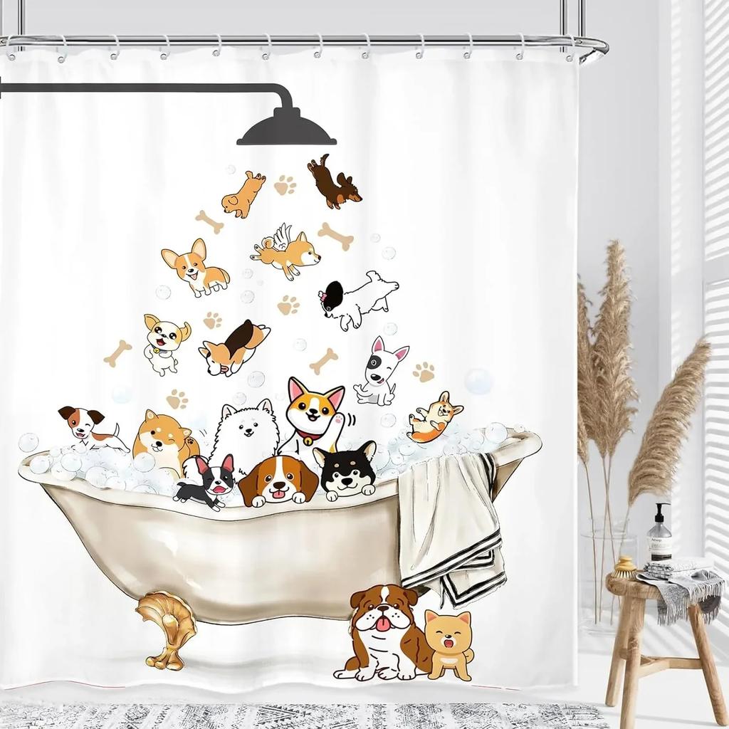 Cute Funny Dog Shower Curtain Cat Riding Dinosaur Funny Pet Cartoon Shower Curtain Boys Girls Bathroom Decor Shower Curtains