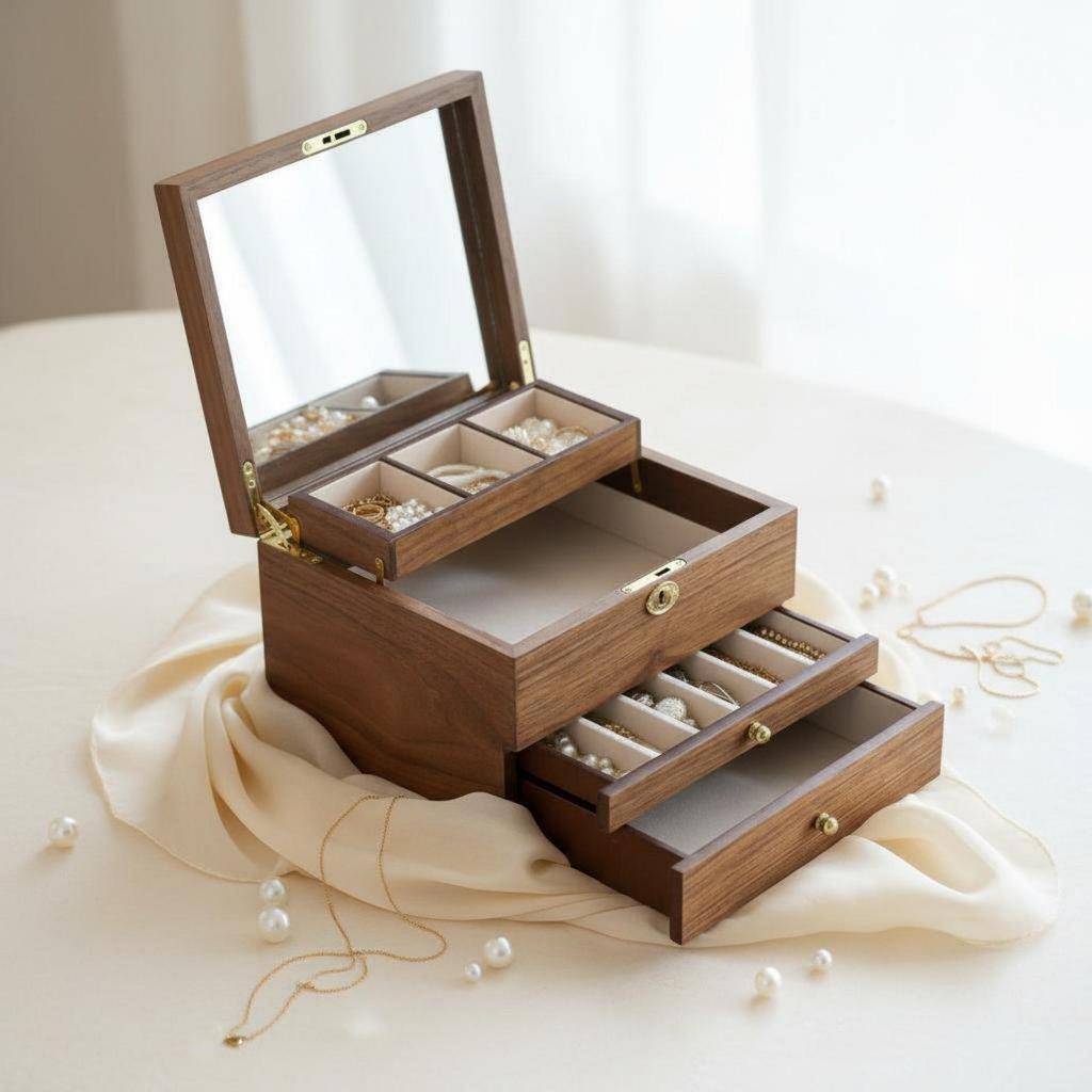 Vintage Wooden Jewelry Storage Case Multi Layer Organizer Box Large