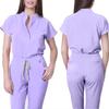 Damen Krankenschwester Overall Stehkragen Kurzarm Mehrfarbig Kordelzug Taille Mehrere Taschen Medizinischer Overall Gesundheitswesen Arbeitskleidung