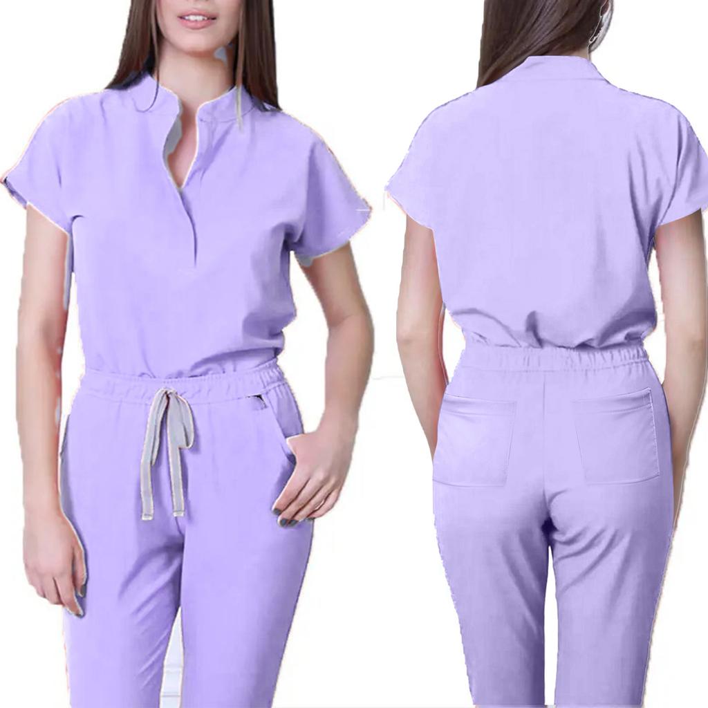 Damen Krankenschwester Overall Stehkragen Kurzarm Mehrfarbig Kordelzug Taille Mehrere Taschen Medizinischer Overall Gesundheitswesen Arbeitskleidung