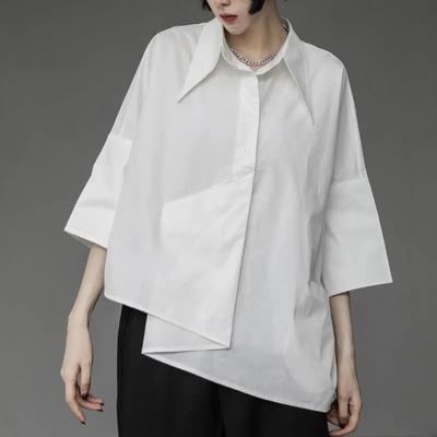 Summer Lazy Style Loose Short-sleeved Black Shirt Women's Design Sense Niche Irregular Three-quarter Sleeve Shirt Top