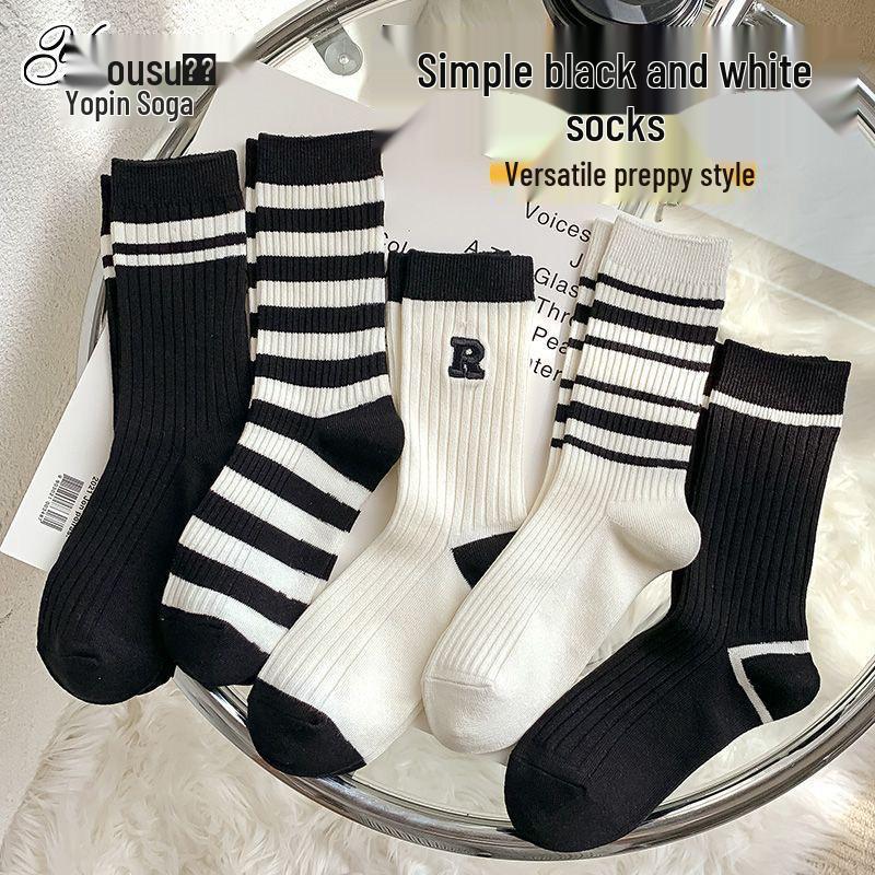 5 Pairs of Black and White Striped Mid-Calf Socks: Autumn/Winter Korean-Inspired Academy Style