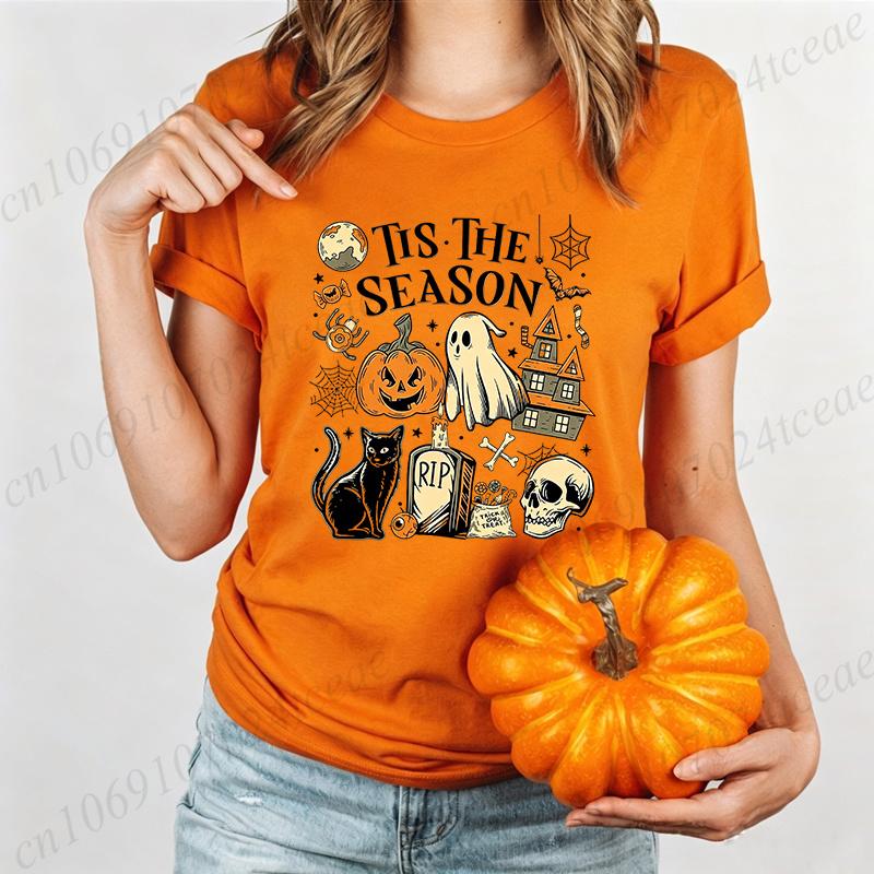 Halloween Shirt,Tis The Season Retro Ghost Spooky Season Halloween Costume Tees T-Shirt, Y2K Halloween T-Shirts Vintage Tops
