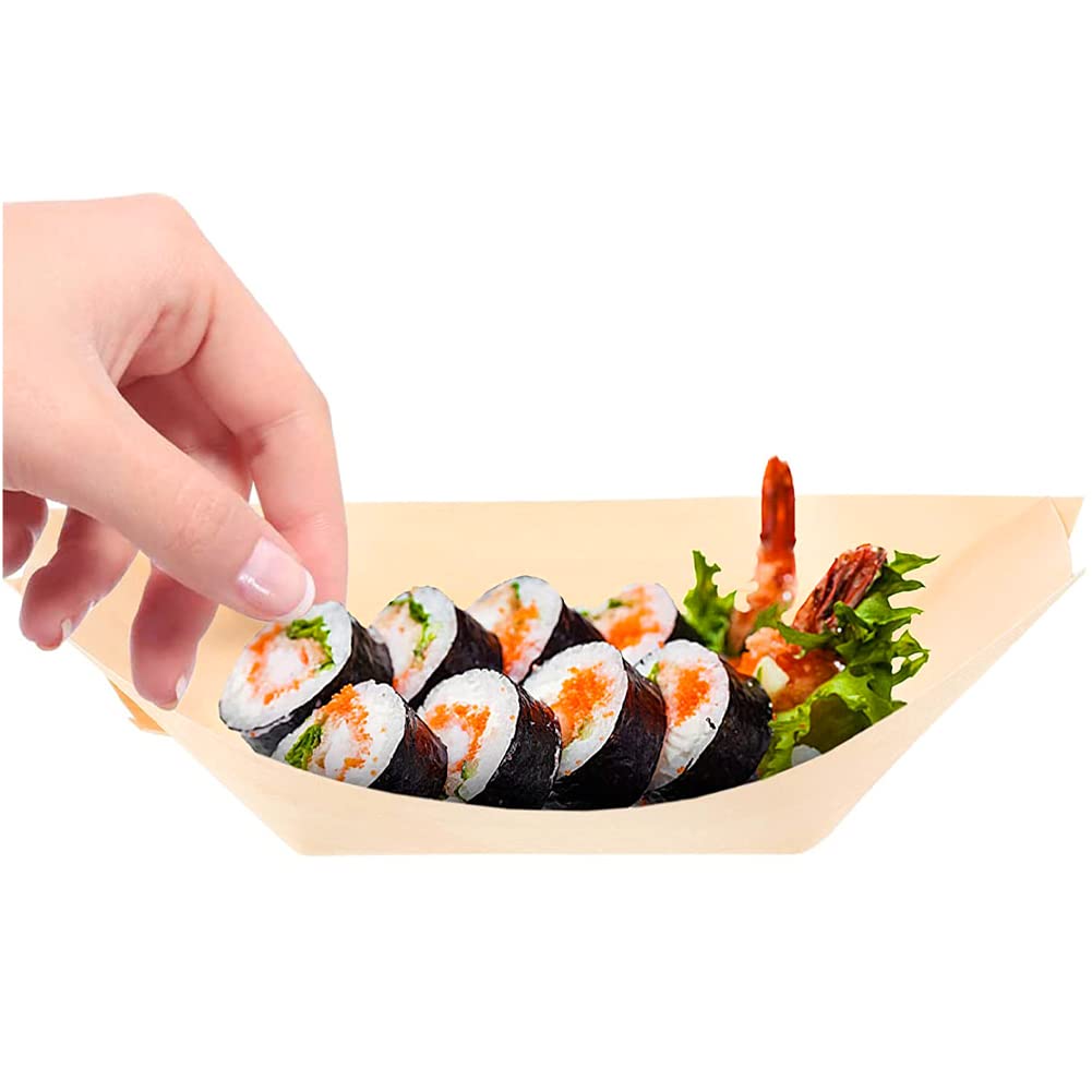 Disposable Wooden Sushi Serving Disposable Japanese Sashimi Candy Serving Dishes for Home and Parties Trays/Boats, 5.5 Inch, Biodegradable, Plates,