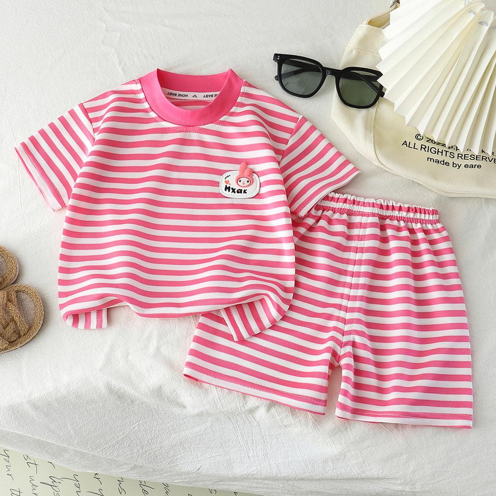 Children's Striped Short-sleeved T-shirt Set For Summer Boys' And Girls' Casual Shorts Set