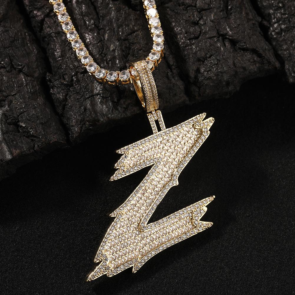 Copper Micro Pave Zircon Baguette Thorn Single Letter Pendant Necklace,Minimal Hip Hop Choker,Trendy Street Bling Clavicle Chain Jewelry for Men Women