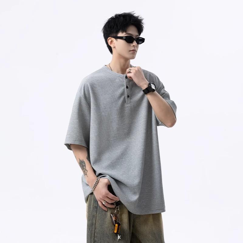 

Men s Gray Waffle Knit Henley T-Shirt Casual Button Detail Streetwear Top M серый