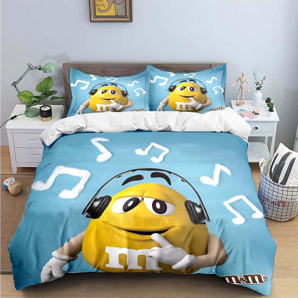 Hot Fashion M&M Chocolate Logo Print Bedding Sets Exquisite Bed Supplies Set Duvet Cover Bed Comforter Set Bedding Set Kids Gift