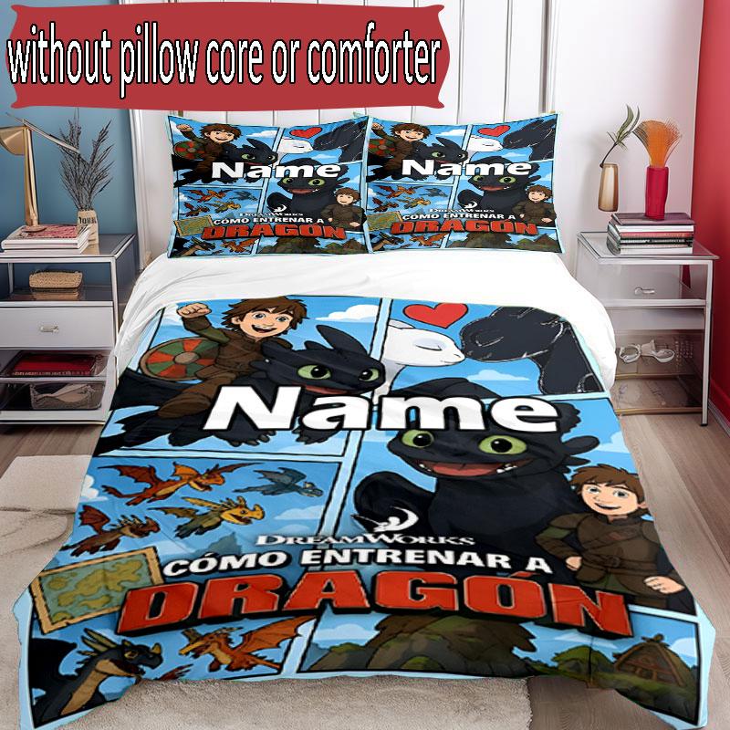 3pcs Duvet Cover Set (1*Duvet Cover + 2*Pillowcase, Without Core), Custom Name How to Train Your Dragon Pattern Bedding Set, Home Bedroom Decor Gift