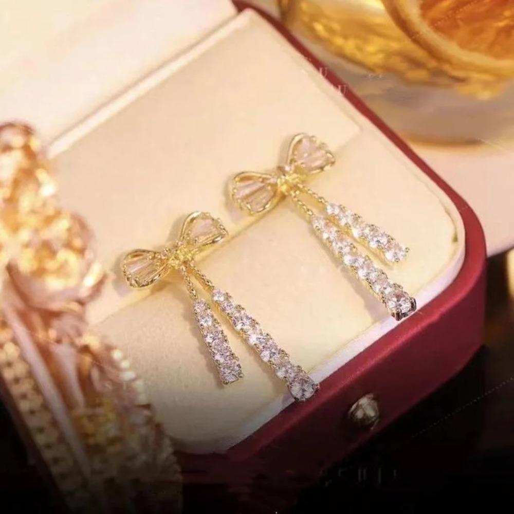 Cubic Zirconia Bowknot Earrings Sparkling Long Tassel Earrings Gifts Zircon Earrings  Women