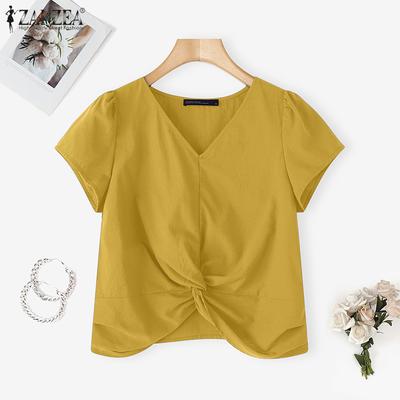 Women Casual V-Neck Summer Short Sleeve Cotton Blouse