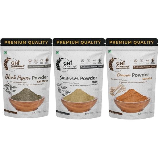 GOURMET HEALTH IMPRESSIONS Superior Grade Powdered Spices Combo | Tellicherry Black Pepper, Green Cardamom & Cinnamon Powder 75g Each | Pack of 3 225GM
